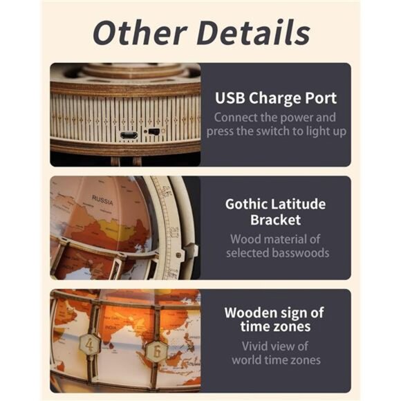 ROKR 3D Wooden Puzzles for Adults-LED Illuminated Wooden Globe Puzzle-Model - Picture 6 of 7